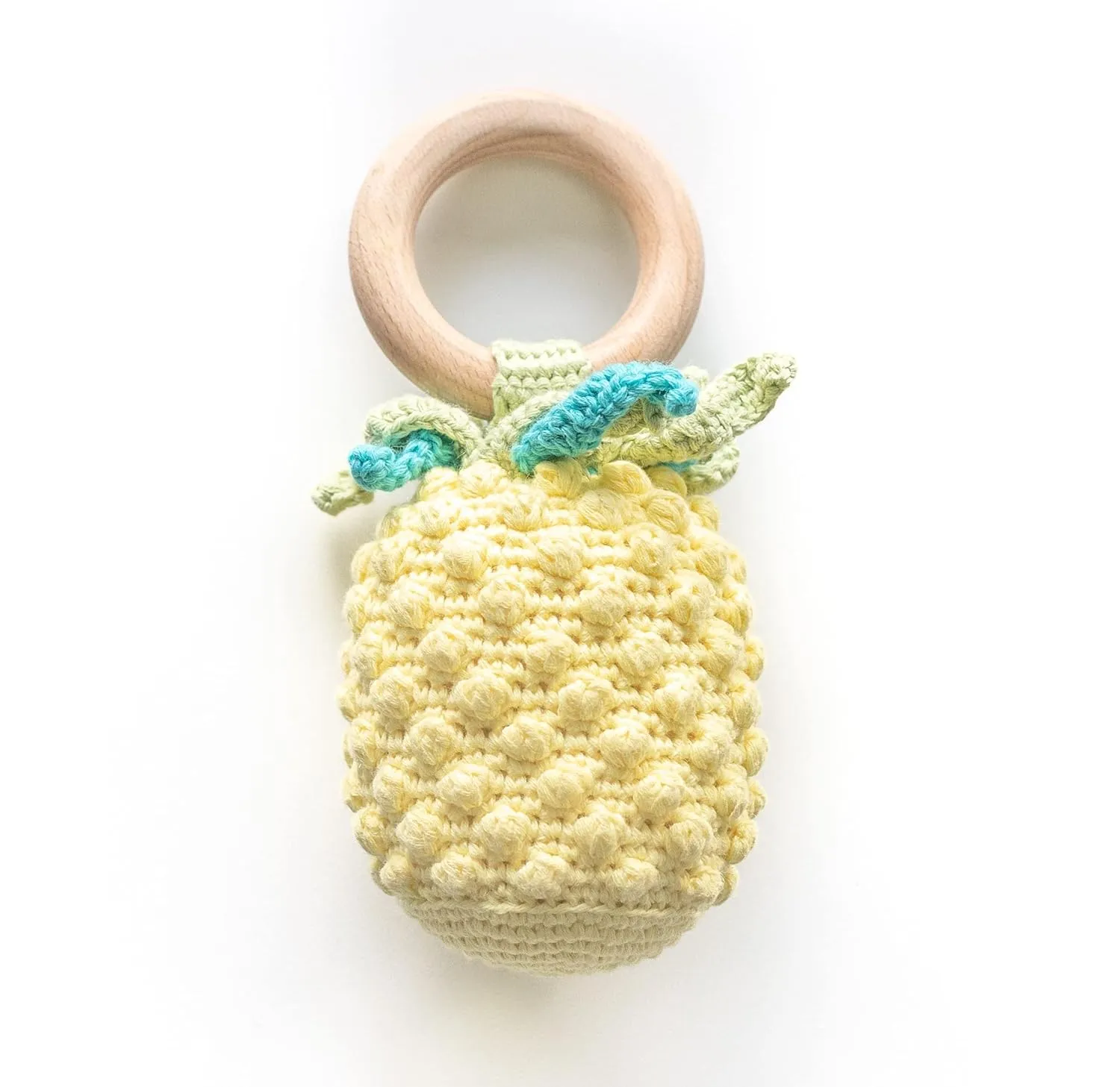 Pineapple Baby Fruit-Shaped Rattle and Sensory Teether Toy, 0-24 M, Soft Crochet & Beech Wood Teething Ring All-Natural Vegan & Kosher Certified 100% Plant Based Baby Toy, Gender Neutral Baby Gift
