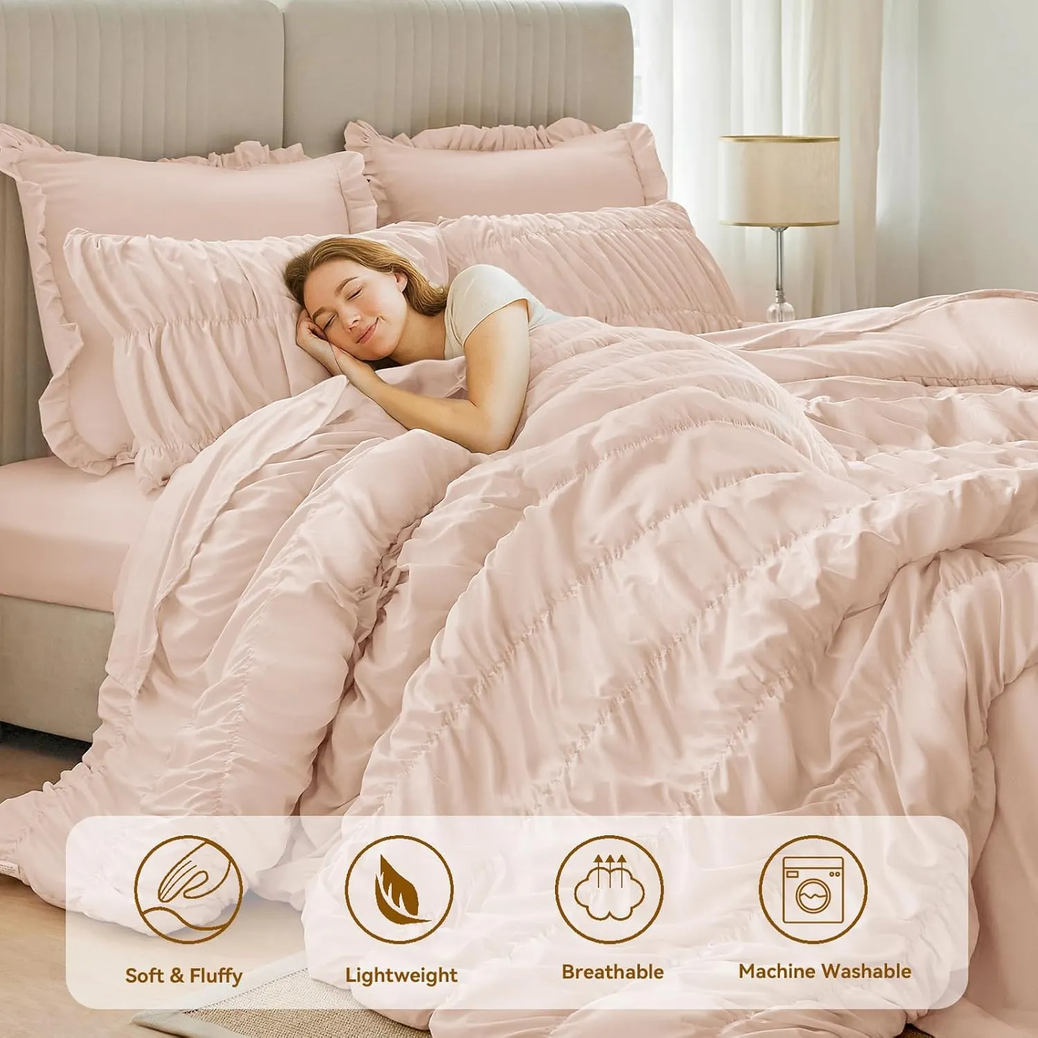 Pink Comforter Set Queen - Boho Fluffy Ruched Bedding Comforter Set with 2 Pillowcases, 3 Pieces Soft Shabby Chic Ruffle Bed Set for All Season