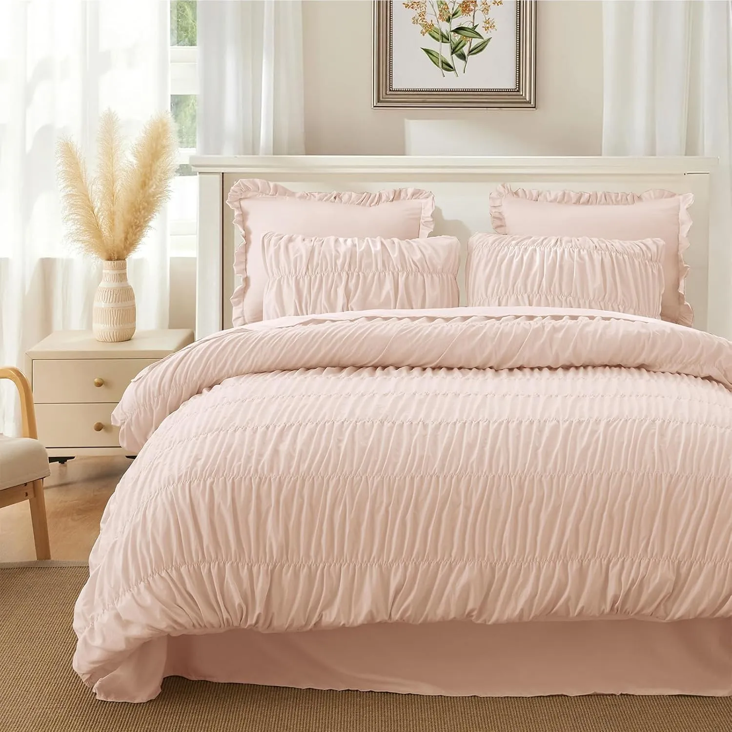 Pink Comforter Set Queen - Boho Fluffy Ruched Bedding Comforter Set with 2 Pillowcases, 3 Pieces Soft Shabby Chic Ruffle Bed Set for All Season