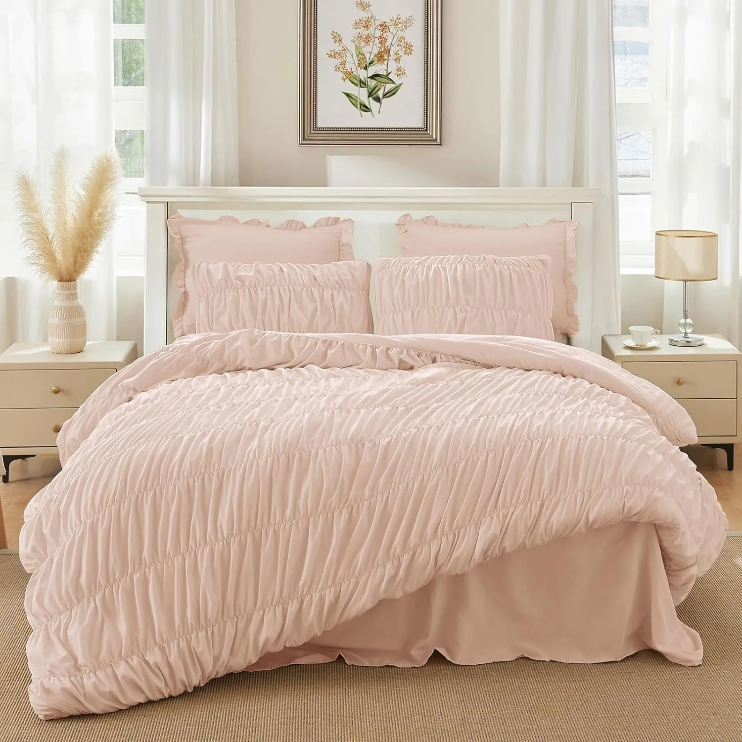 Pink Comforter Set Queen - Boho Fluffy Ruched Bedding Comforter Set with 2 Pillowcases, 3 Pieces Soft Shabby Chic Ruffle Bed Set for All Season
