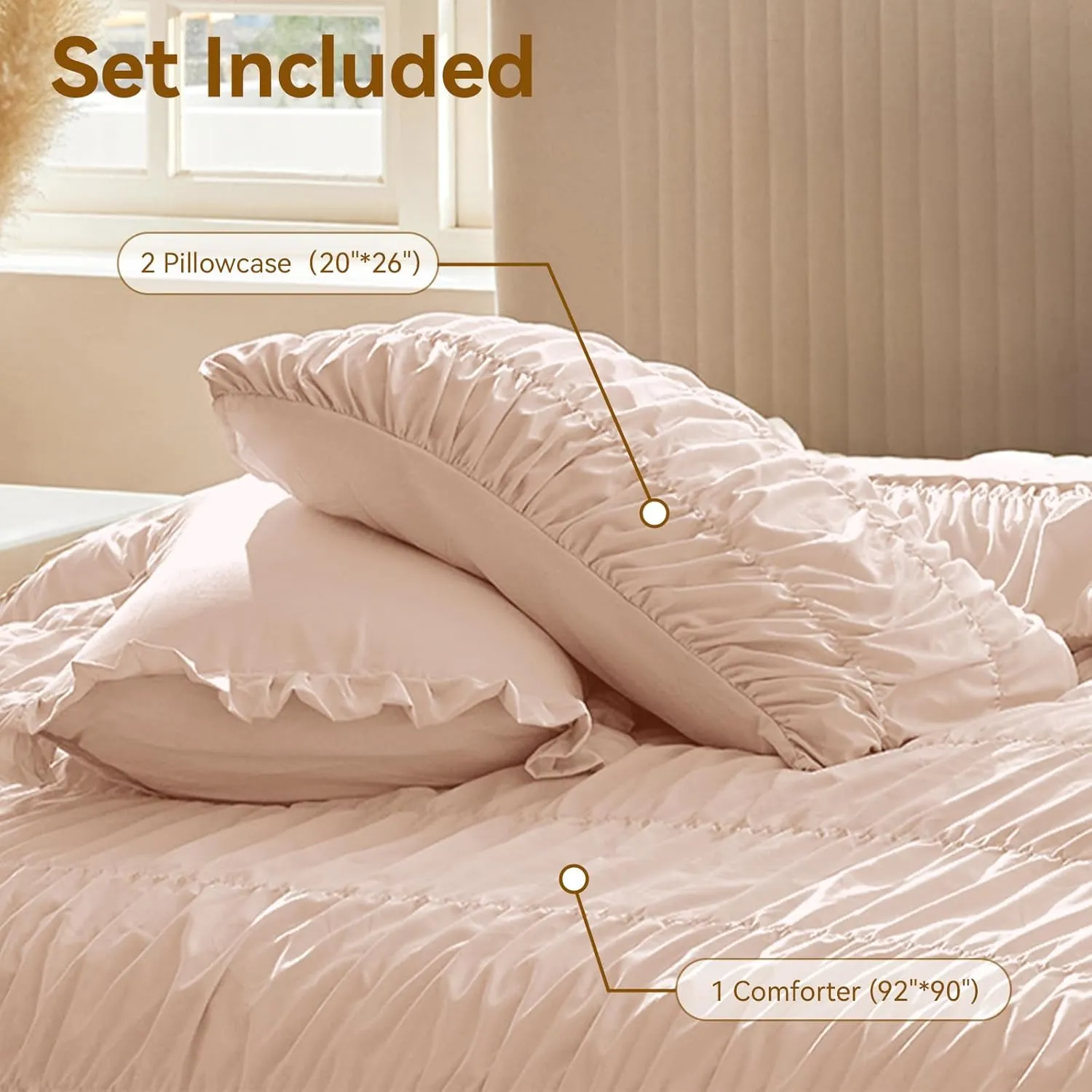Pink Comforter Set Queen - Boho Fluffy Ruched Bedding Comforter Set with 2 Pillowcases, 3 Pieces Soft Shabby Chic Ruffle Bed Set for All Season