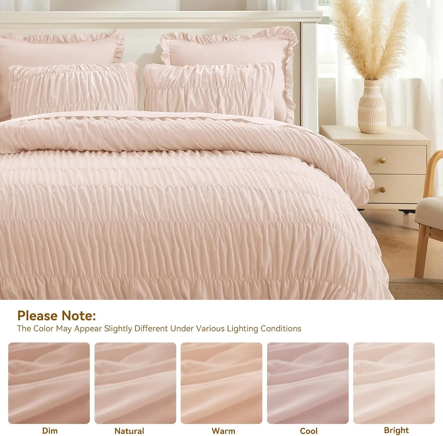 Pink Comforter Set Queen - Boho Fluffy Ruched Bedding Comforter Set with 2 Pillowcases, 3 Pieces Soft Shabby Chic Ruffle Bed Set for All Season