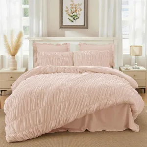Pink Comforter Set Queen - Boho Fluffy Ruched Bedding Comforter Set with 2 Pillowcases, 3 Pieces Soft Shabby Chic Ruffle Bed Set for All Season