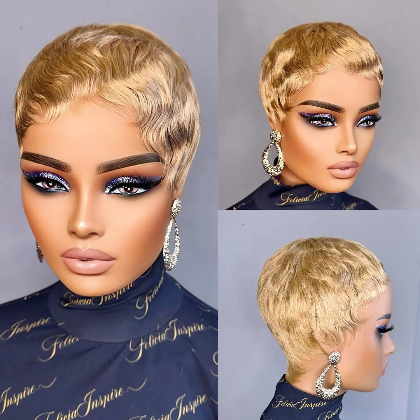 Pixie Cut Wig Human Hair For Black Women Short Straight Human Hair Wigs With Bangs Full Machine Made Wigs (Blonde)