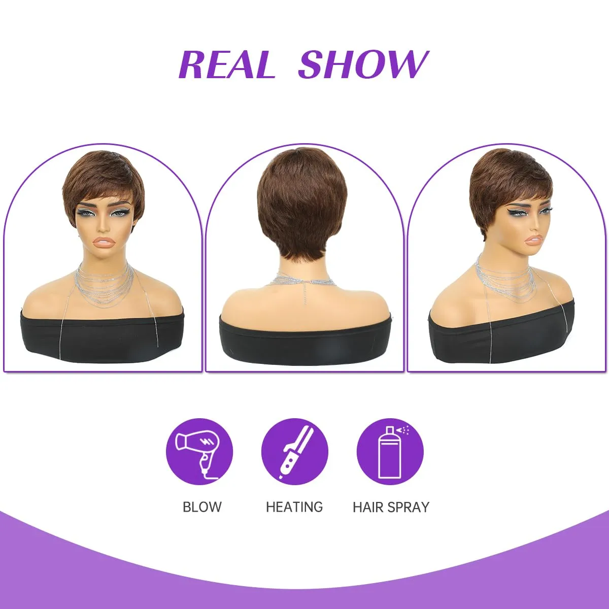 Pixie Cut Wig Human Hair For Black Women Short Straight Human Hair Wigs With Bangs Full Machine Made Wigs (Brown)