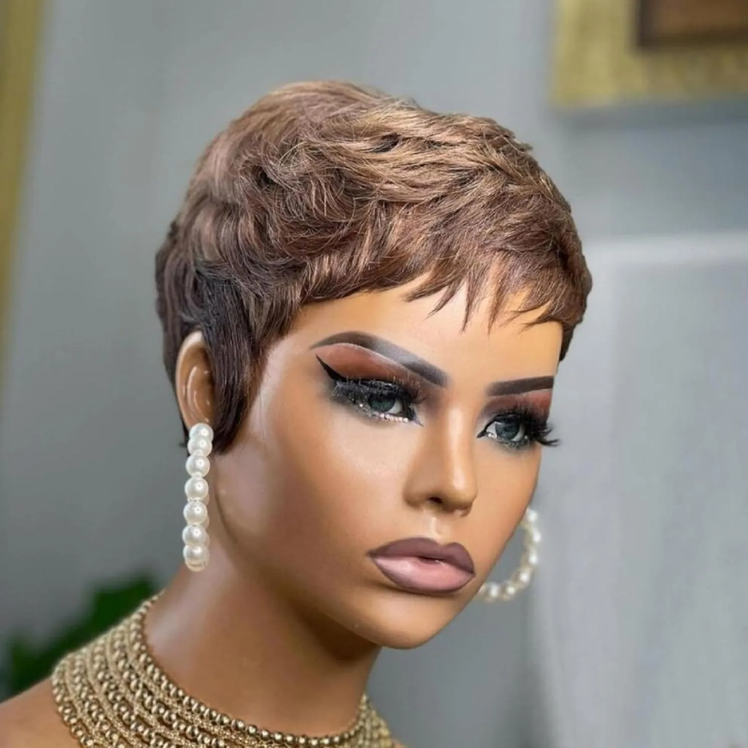 Pixie Cut Wig Human Hair For Black Women Short Straight Human Hair Wigs With Bangs Full Machine Made Wigs (Brown)