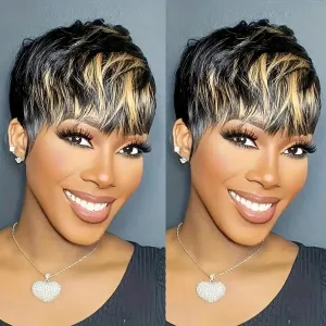 Pixie Cut Wig Human Hair For Black Women Short Straight Human Hair Wigs With Bangs Full Machine Made Wigs (Mixed Highlight Blonde)