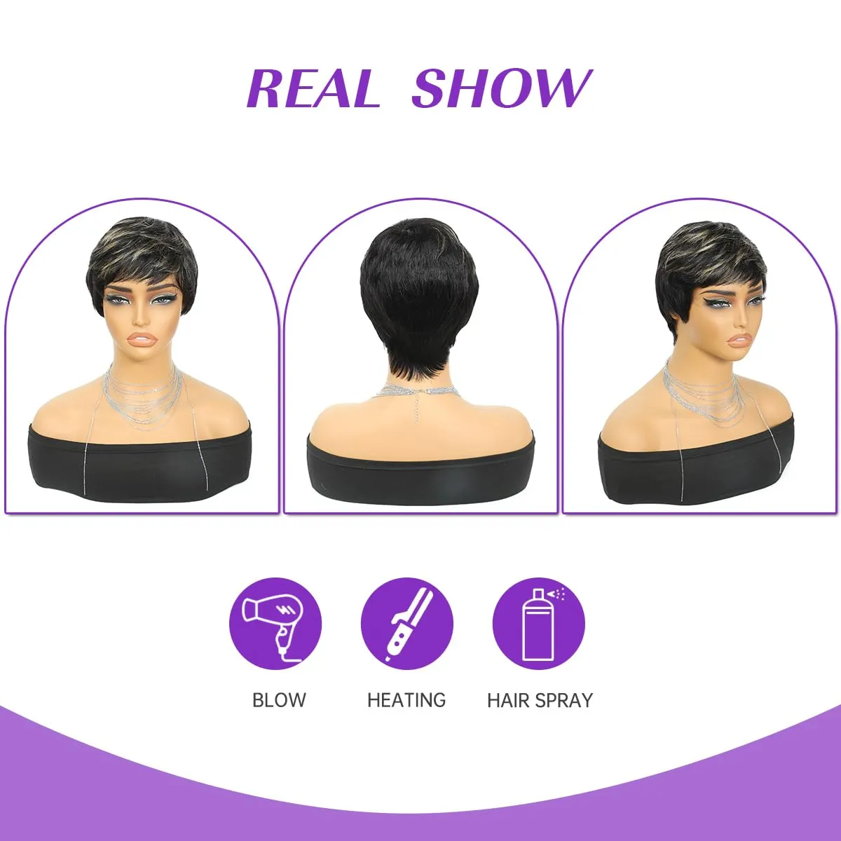 Pixie Cut Wig Human Hair For Black Women Short Straight Human Hair Wigs With Bangs Full Machine Made Wigs (Mixed Highlight Blonde)