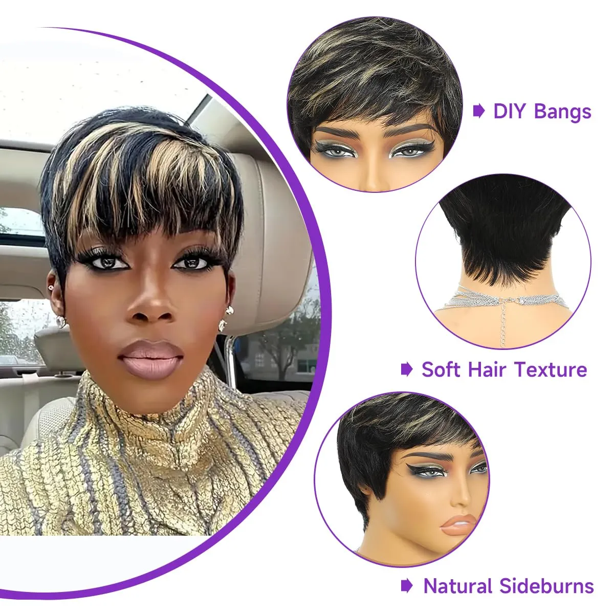 Pixie Cut Wig Human Hair For Black Women Short Straight Human Hair Wigs With Bangs Full Machine Made Wigs (Mixed Highlight Blonde)