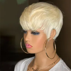 Pixie Cut Wig Human Hair For Black Women Short Straight Human Hair Wigs With Bangs Full Machine Made Wigs (Platinum Blonde)