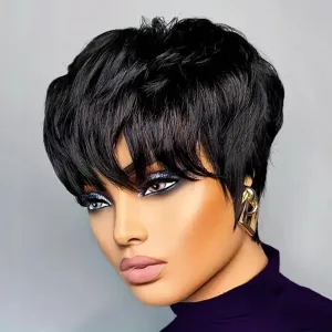 Pixie Cut Wig Human Hair Short Pixie Wigs for Black Women,Pixie Wigs Human Hair Short Layered Straight Human Hair Wigs With Bangs (Black)
