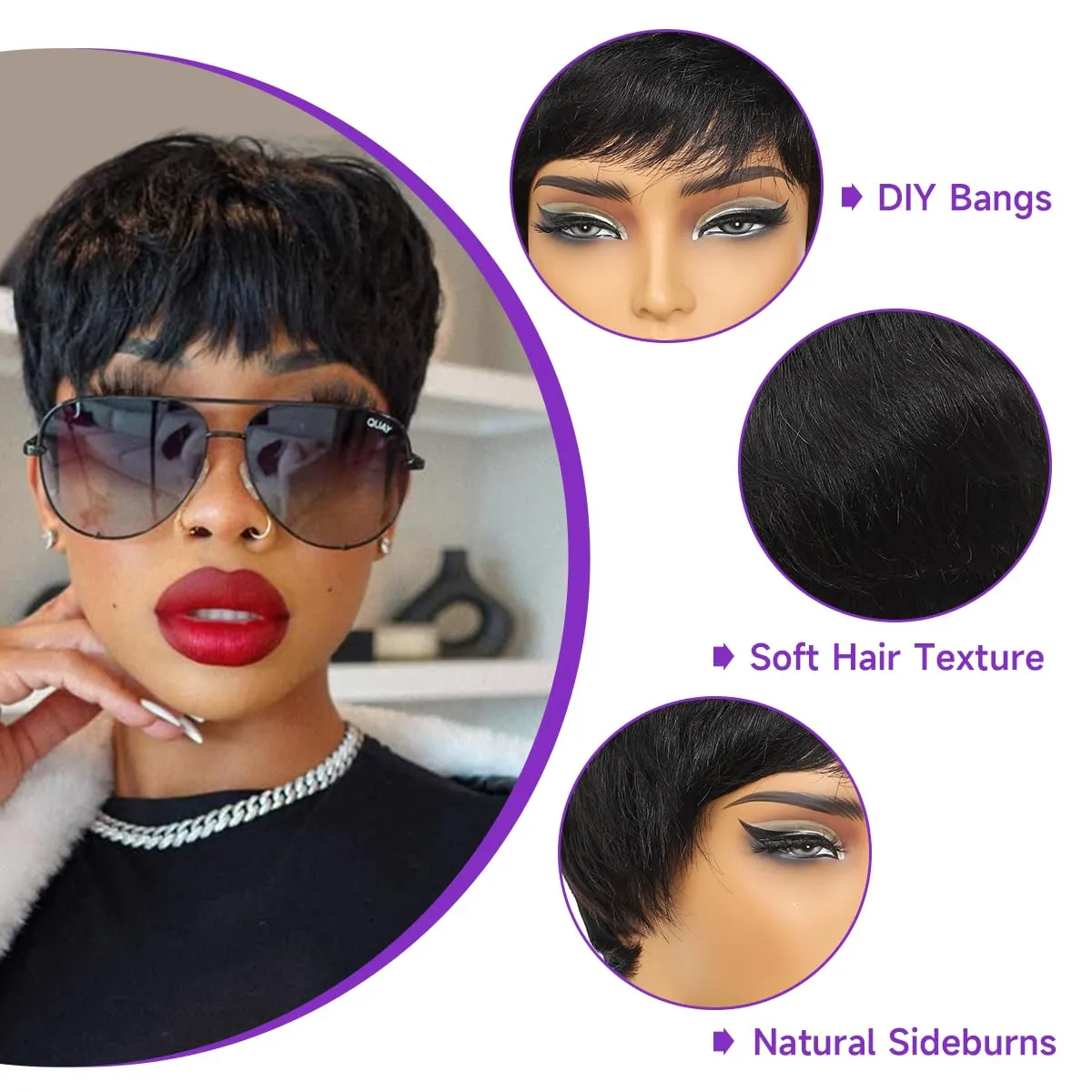 Pixie Cut Wig Human Hair Short Pixie Wigs for Black Women,Pixie Wigs Human Hair Short Layered Straight Human Hair Wigs With Bangs (Black)