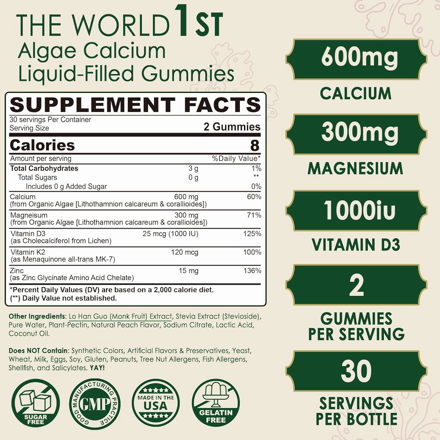 Plant Based Calcium Gummies 600mg with Vitamin D3 K2, Zinc for Bone Strength, Calcium Supplements for Women (Certified Vegan) Sustainably Sourced Algae Calcium Magnesium 2:1 Ratio, Sugar Free - 60 Cts