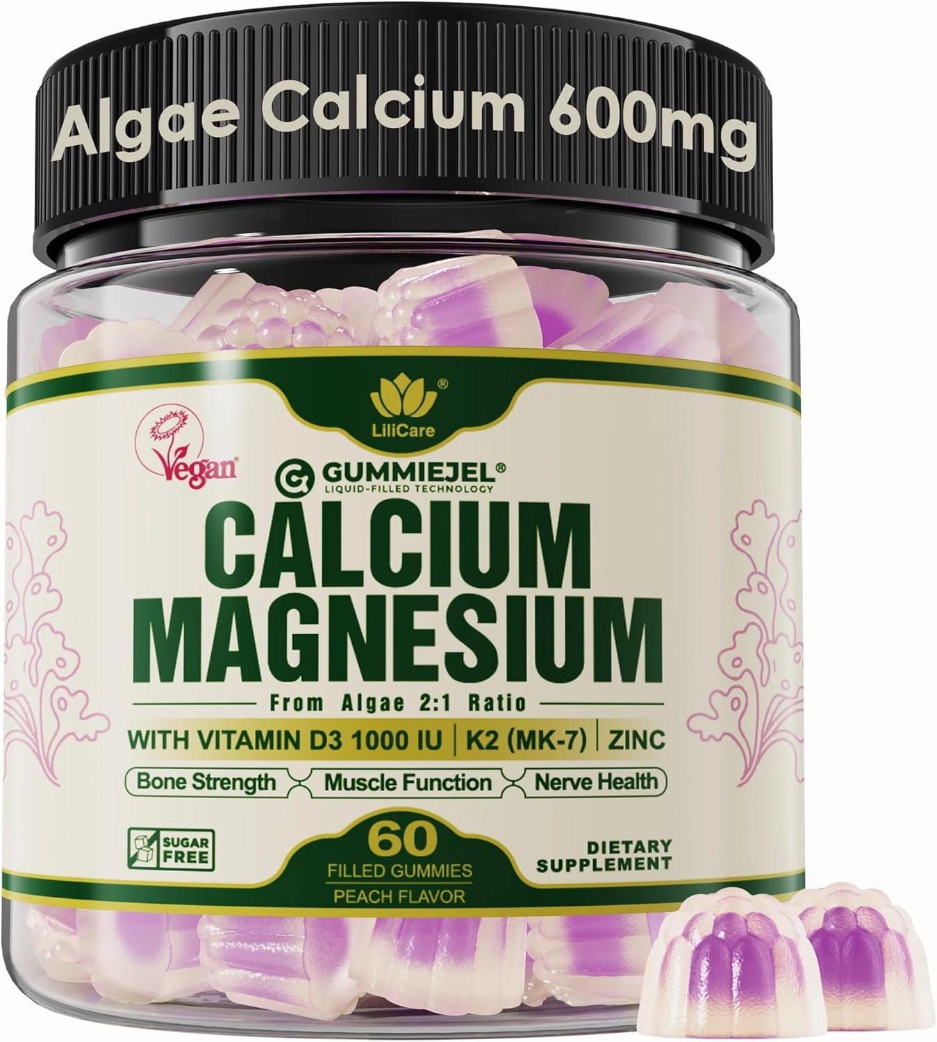 Plant Based Calcium Gummies 600mg with Vitamin D3 K2, Zinc for Bone Strength, Calcium Supplements for Women (Certified Vegan) Sustainably Sourced Algae Calcium Magnesium 2:1 Ratio, Sugar Free - 60 Cts