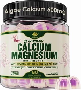 Plant Based Calcium Gummies 600mg with Vitamin D3 K2, Zinc for Bone Strength, Calcium Supplements for Women (Certified Vegan) Sustainably Sourced Algae Calcium Magnesium 2:1 Ratio, Sugar Free - 60 Cts