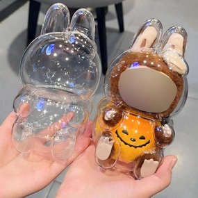 Plastic Clear Display Box with Key Chain for LABUBU Doll, Protective Cover for LABUBU Pumpkin Plush Toy, Transparent PVC Bag for Storage (Doll Not Include, 15cm)