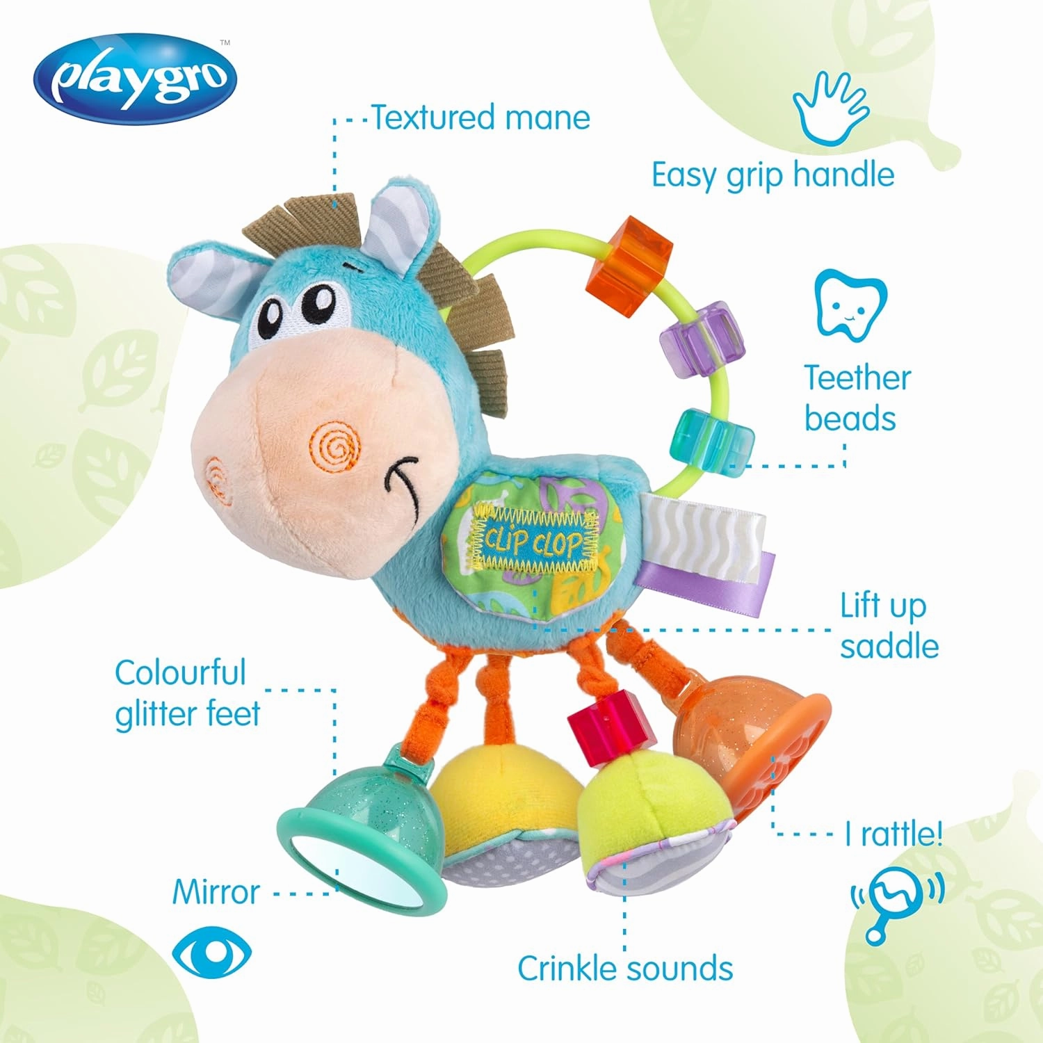 Playgro Light Blue Horse Soft Baby Toys 3-6-12 Months Developmental, 3  Months Rattles Teething Toys for Babies, Newborn & Infant Sensory Non-Toxic Plush Baby Rattle for Boy Girl Clip Clop Activity