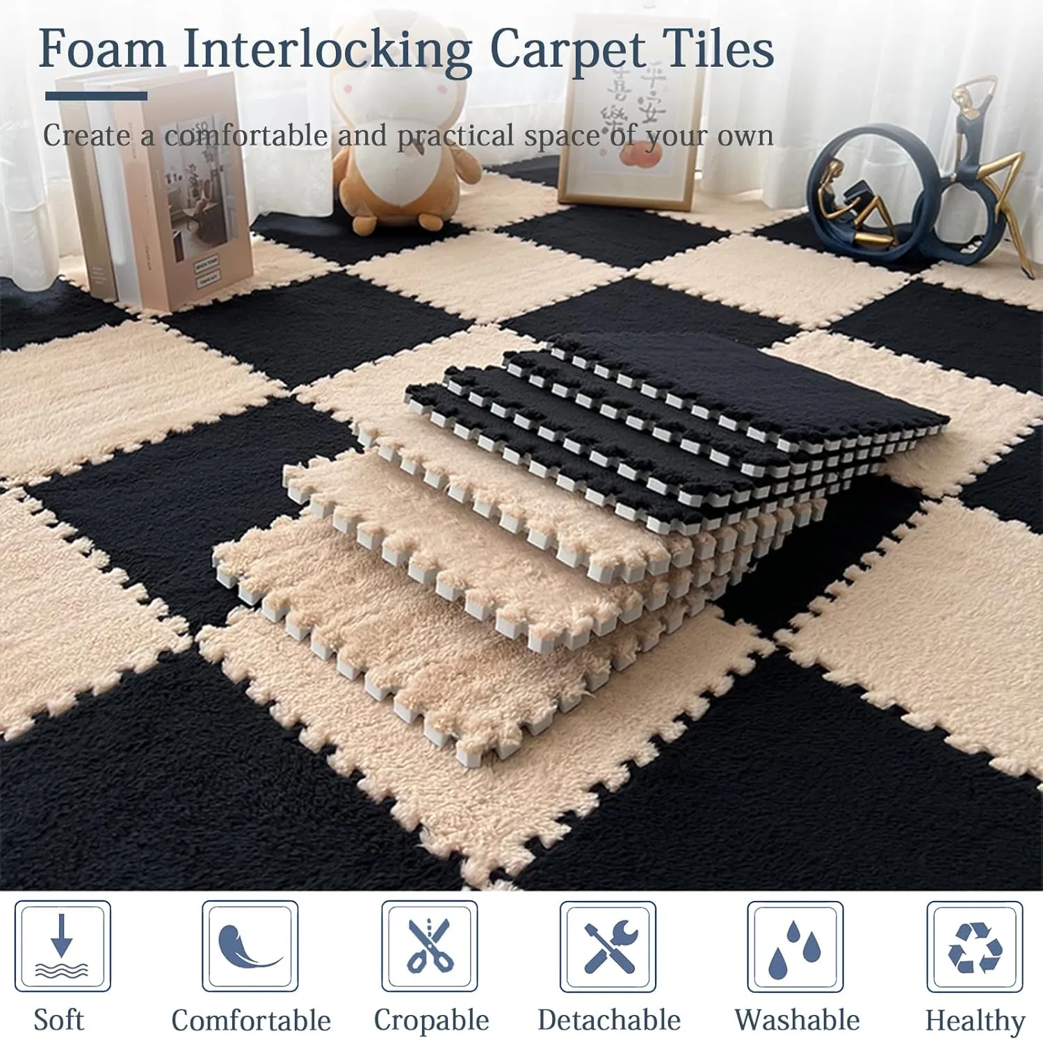 Playmat 12pcs Puzzle Play Mat, Fluffy Plush Interlocking Carpet Tiles, Square Foam Area Rugs Set, Foam Floor Tiles for Playroom Bedroom, 12"x12"(Black Gray)