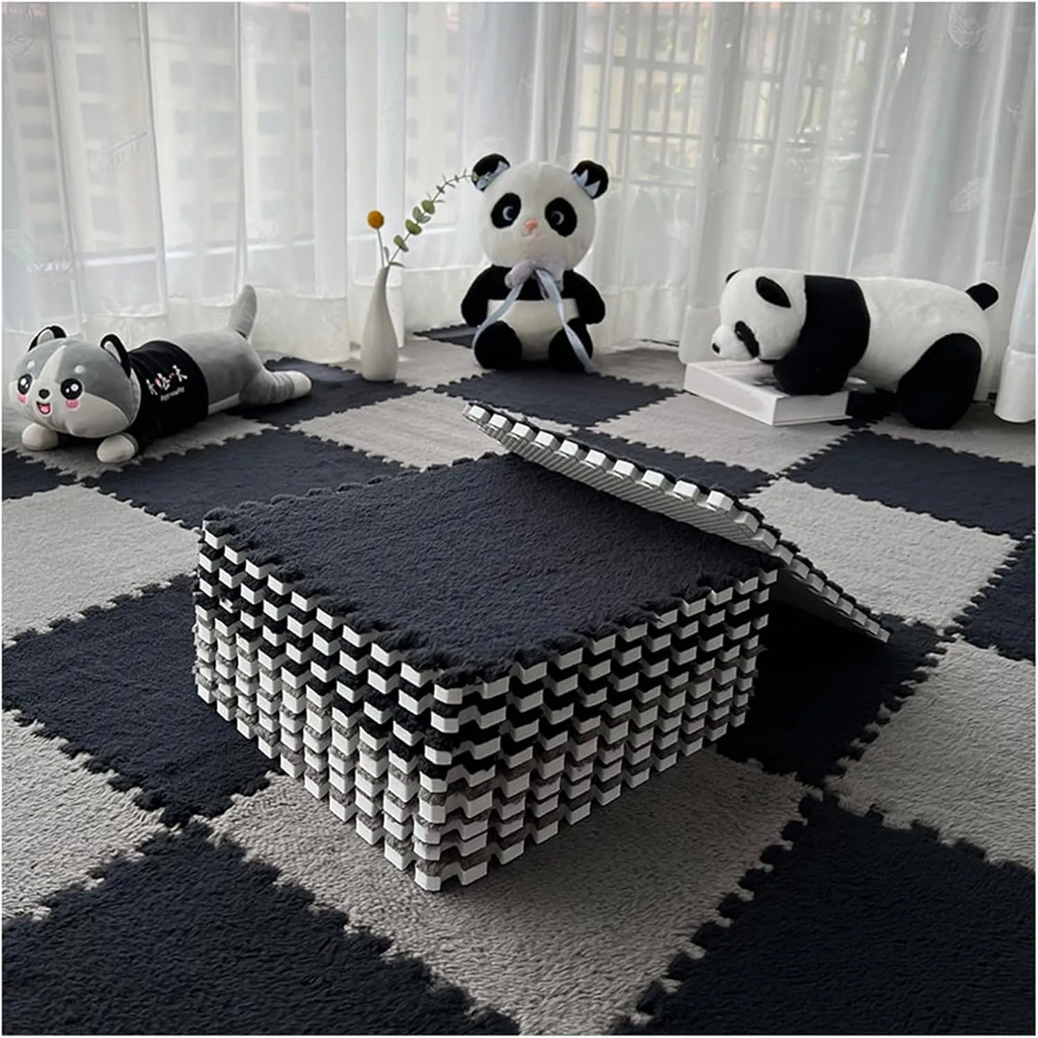 Playmat 12pcs Puzzle Play Mat, Fluffy Plush Interlocking Carpet Tiles, Square Foam Area Rugs Set, Foam Floor Tiles for Playroom Bedroom, 12"x12"(Black Gray)