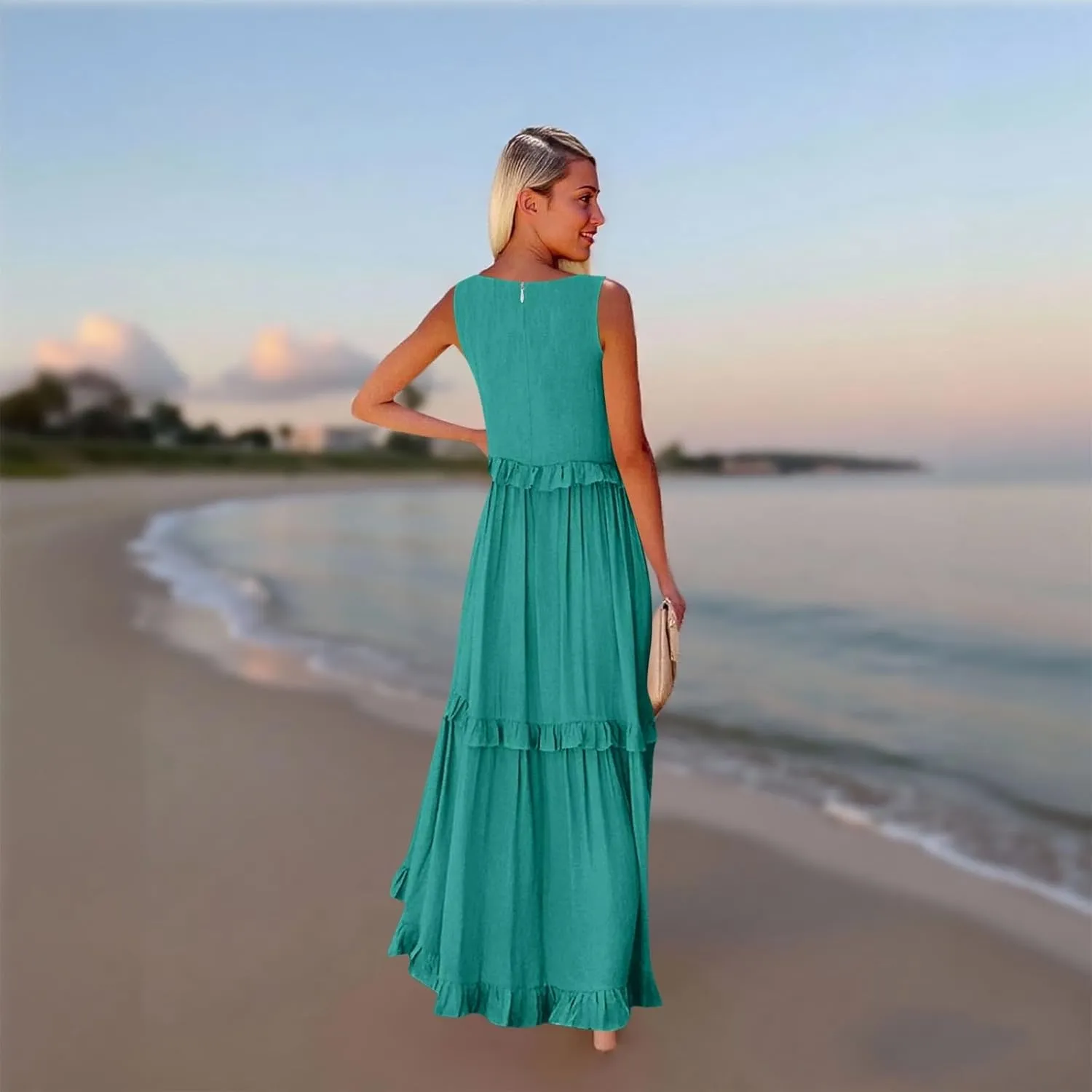 Plus Size Dresses for Curvy Women Summer Casual V-Neck Smocked Maxi Dress Loose Flowy Ruffle Sundress with Pockets