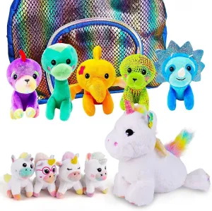 Plush Dinosaur & Unicorn Toy Bundle - Gifts for Kids Ages 3-8 - Soft Dinosaur Stuffed Animals with Carrying Case & Rainbow Unicorn with 4 Baby Unicorns for Imaginative & Cuddly Play