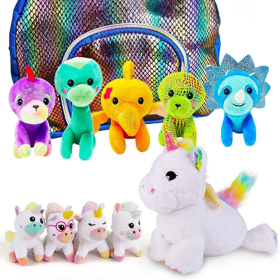 Plush Dinosaur & Unicorn Toy Bundle - Gifts for Kids Ages 3-8 - Soft Dinosaur Stuffed Animals with Carrying Case & Rainbow Unicorn with 4 Baby Unicorns for Imaginative & Cuddly Play