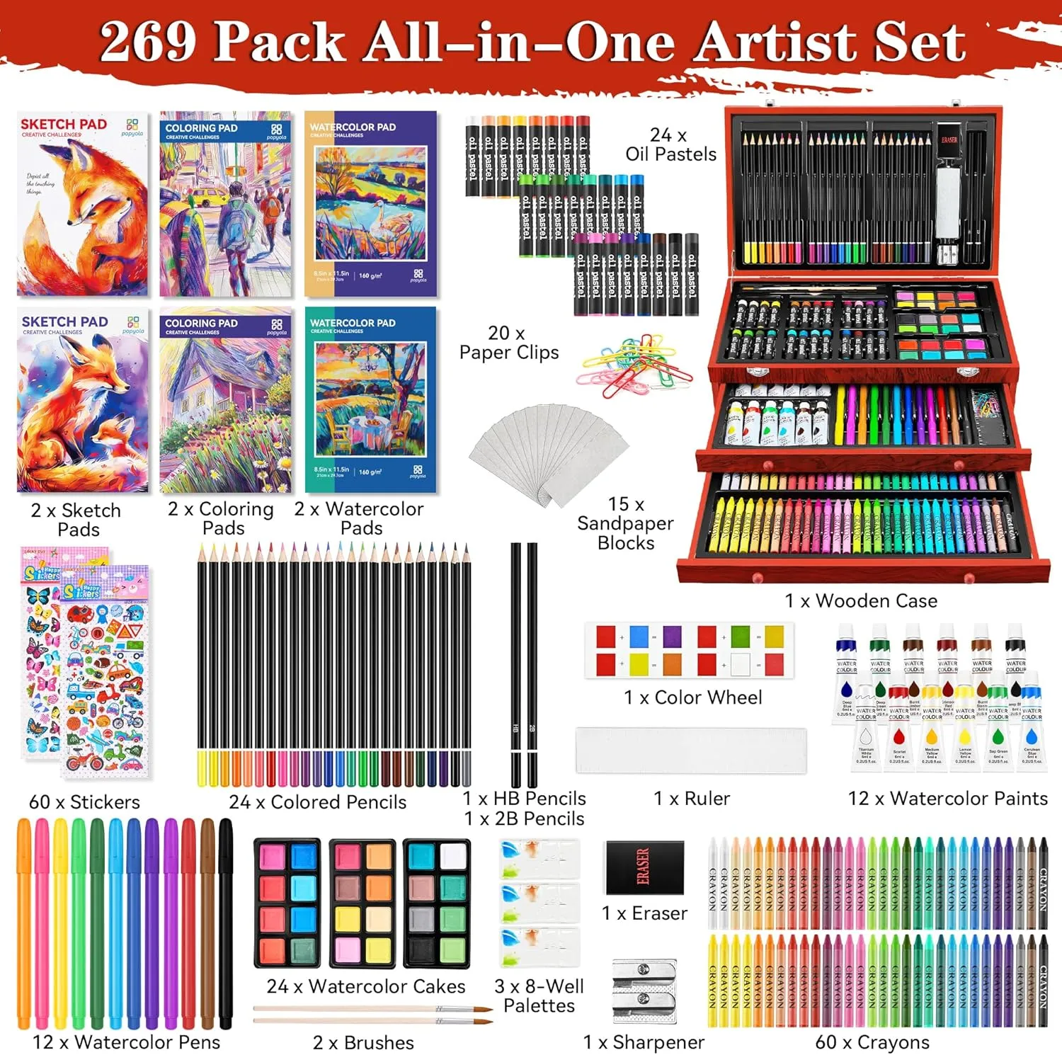 POPYOLA Art Supplies, 269 Piece Deluxe Art Set with 6 Drawing Pads, Watercolor Paints, Crayons, Colored Pencils Set in Wooden Case, Creative Gifts for Artists Adults Kids