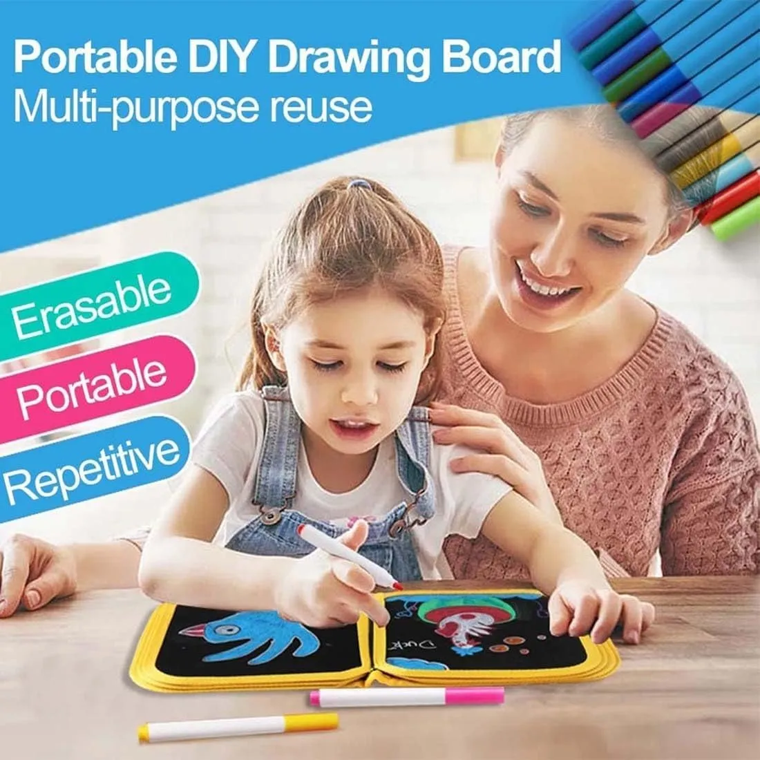 Portable Erasable Graffiti Drawing Book, Erasable Drawing Pad with 12 Watercolor Pens 14 Page Drawing(Blue)