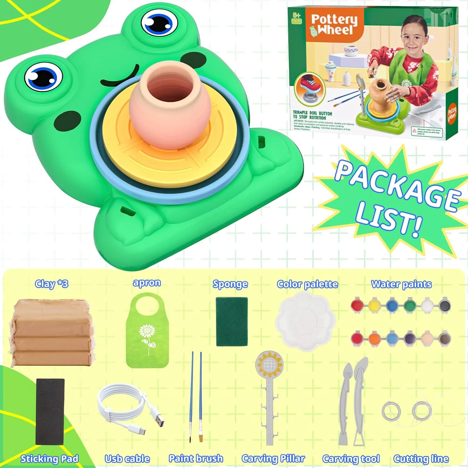 Pottery Wheel for Kids - Complete Pottery Painting Kit Arts and Crafts for Kids Ages 8-12 with 3 Pack Air Dry Clay Art Supplies Toys for Girls Boy Birthday Gift for 4 5 6 7 8 9 10 11 12 