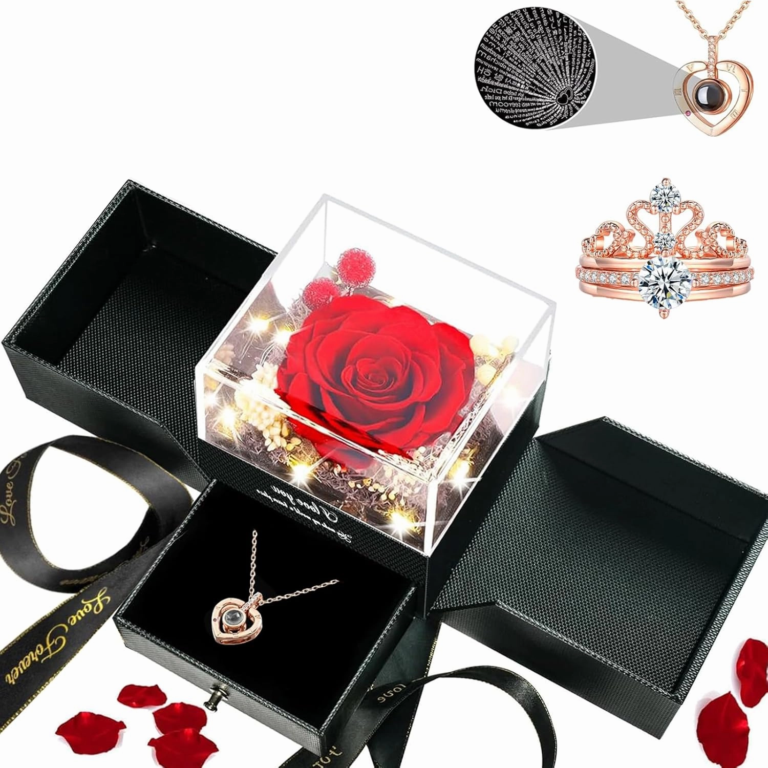 Preserved Real Rose Women Gifts, Romantic with 100 Languages Necklace and 2-Layered Ring -Eternal Flowers Rose for Birthday Lover Her Mom Wife Girlfriend Mom on Valentines Anniversary