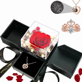 Preserved Real Rose Women Gifts, Romantic with 100 Languages Necklace and 2-Layered Ring -Eternal Flowers Rose for Birthday Lover Her Mom Wife Girlfriend Mom on Valentines Anniversary