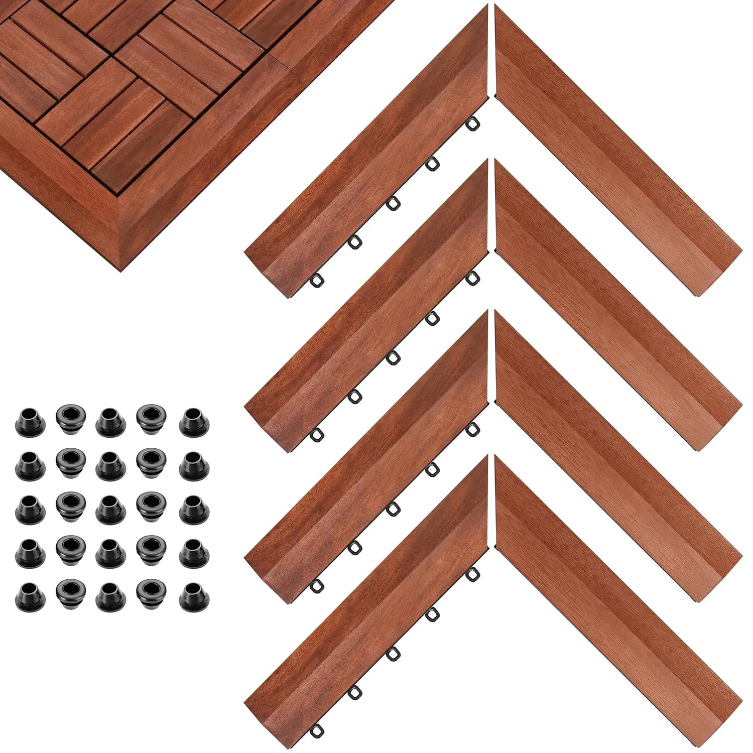 PrimeZone 8 PCS Solid Acacia Wood Corner Trim for Interlocking Deck Tiles - 12" L Waterproof Side Pin End of Outdoor Flooring, Loop End Piece for Decking Floor, Brown