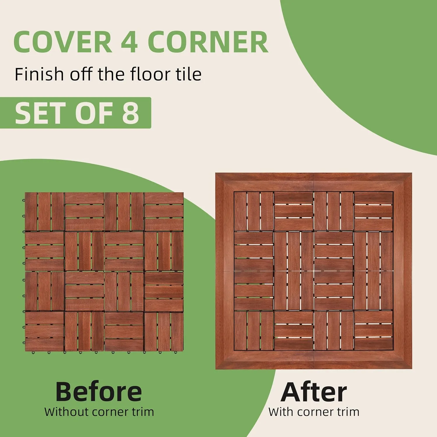 PrimeZone 8 PCS Solid Acacia Wood Corner Trim for Interlocking Deck Tiles - 12" L Waterproof Side Pin End of Outdoor Flooring, Loop End Piece for Decking Floor, Brown