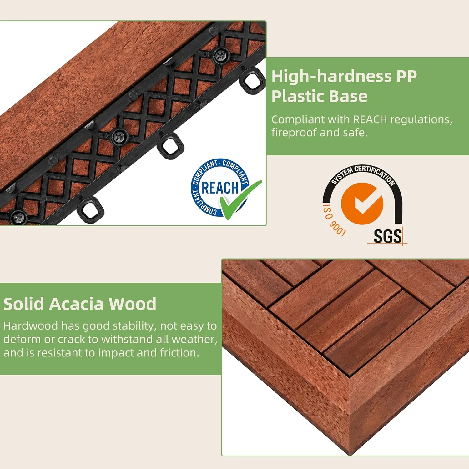 PrimeZone 8 PCS Solid Acacia Wood Corner Trim for Interlocking Deck Tiles - 12" L Waterproof Side Pin End of Outdoor Flooring, Loop End Piece for Decking Floor, Brown