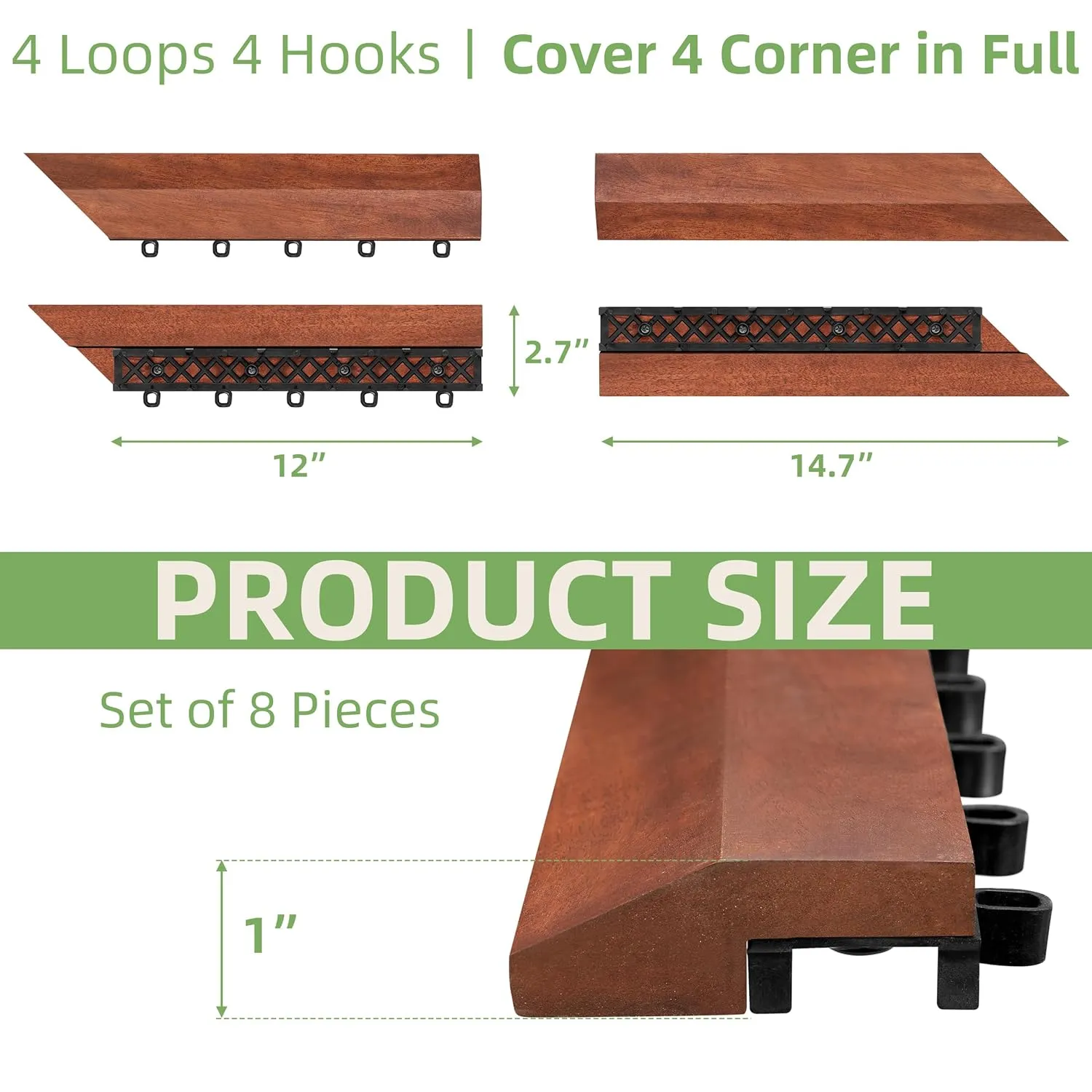 PrimeZone 8 PCS Solid Acacia Wood Corner Trim for Interlocking Deck Tiles - 12" L Waterproof Side Pin End of Outdoor Flooring, Loop End Piece for Decking Floor, Brown