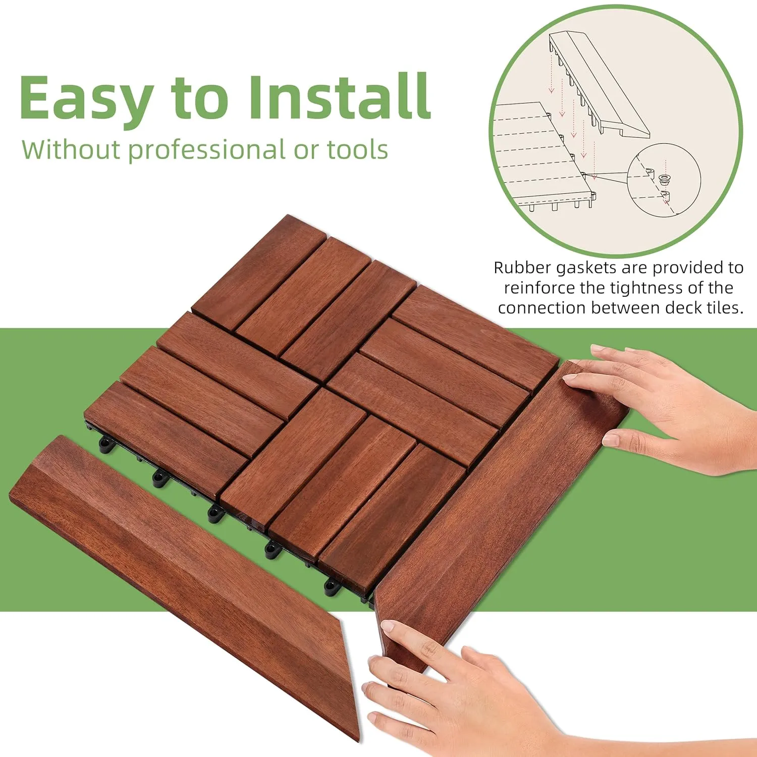 PrimeZone 8 PCS Solid Acacia Wood Corner Trim for Interlocking Deck Tiles - 12" L Waterproof Side Pin End of Outdoor Flooring, Loop End Piece for Decking Floor, Brown