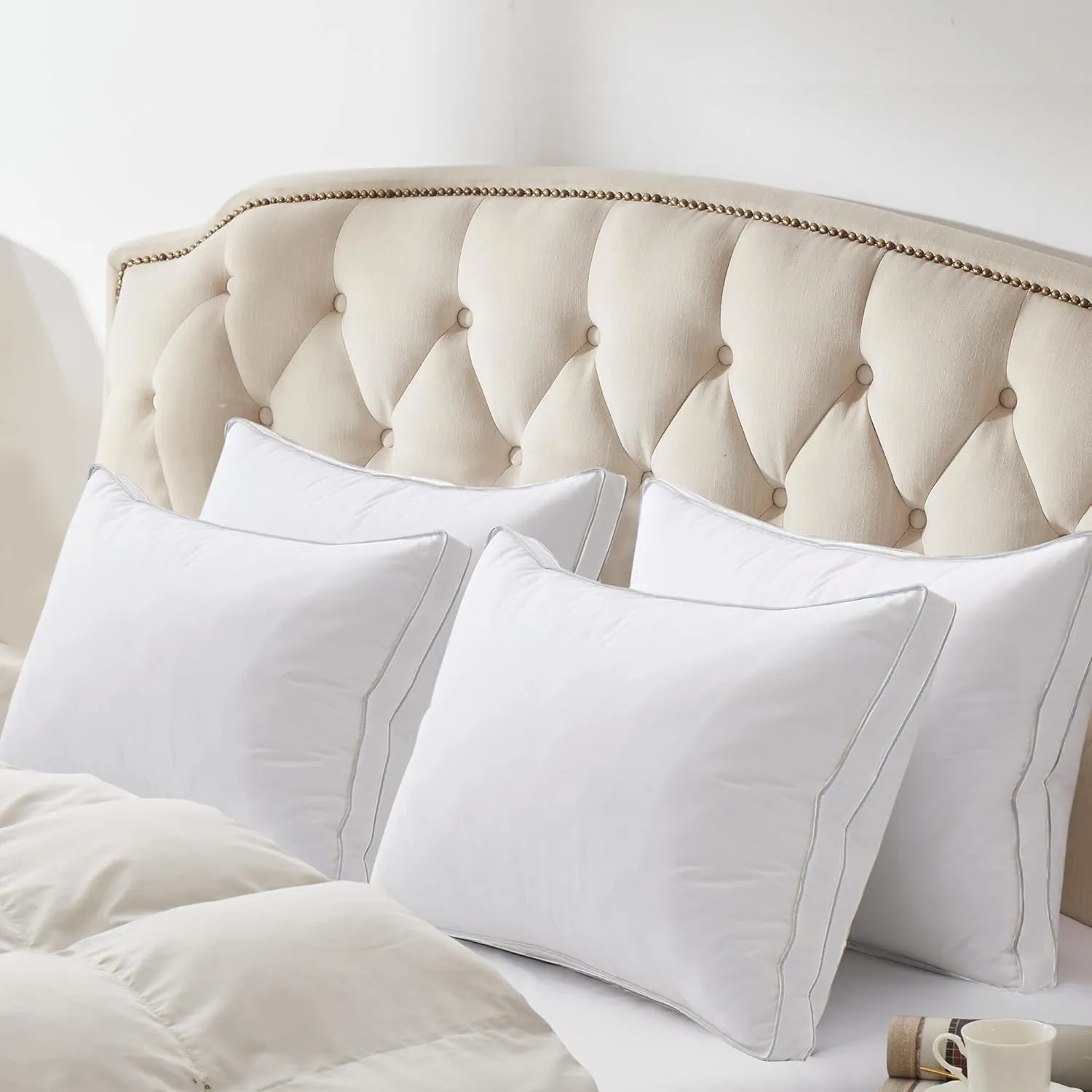 puredown® Feather Pillows with 100% Cotton Cover, Set of 2 Gusseted Bed Pillows for Sleeping, Standard Size