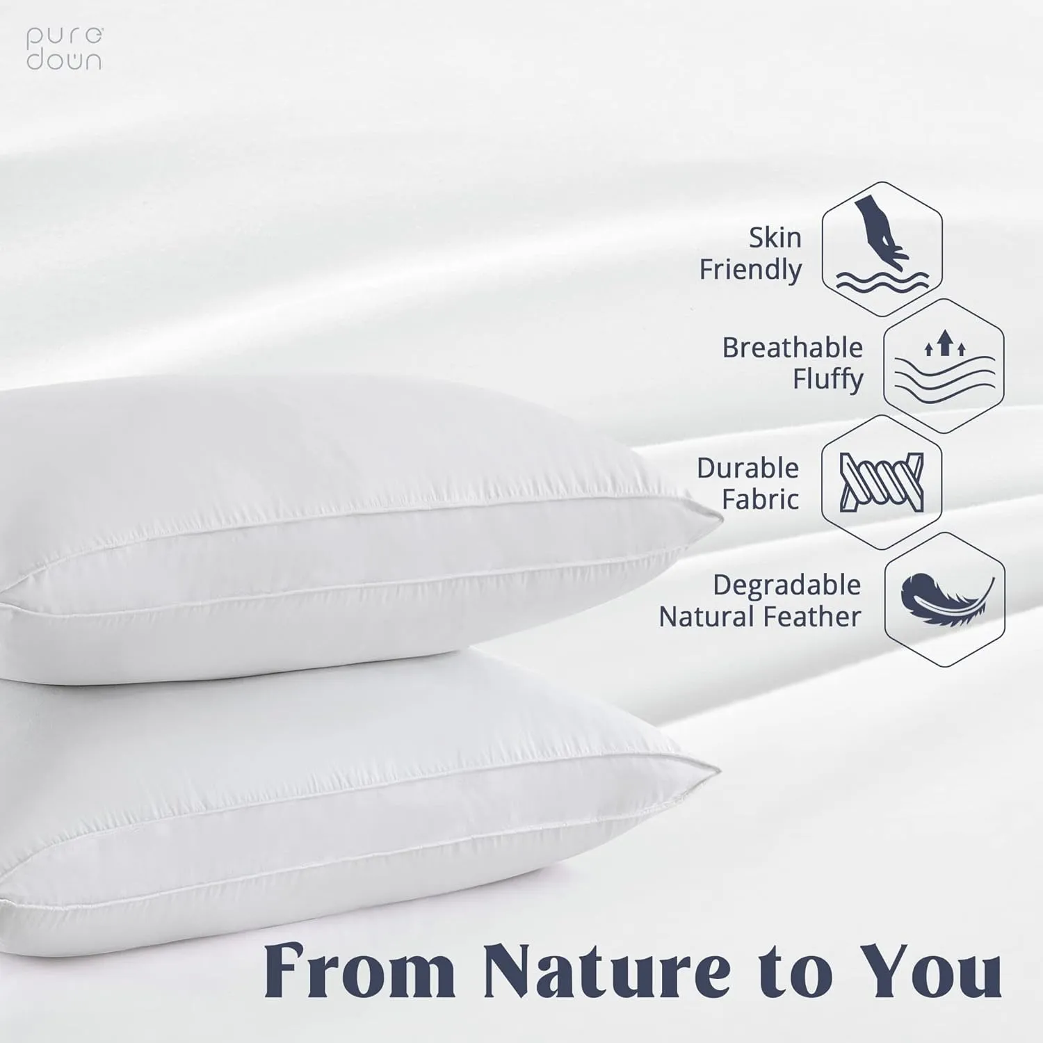puredown® Goose Feather Down Sleeping Pillow Soft Bed Pillow for Sleeping with 100% Cotton Shell Set of 2 Queen Size
