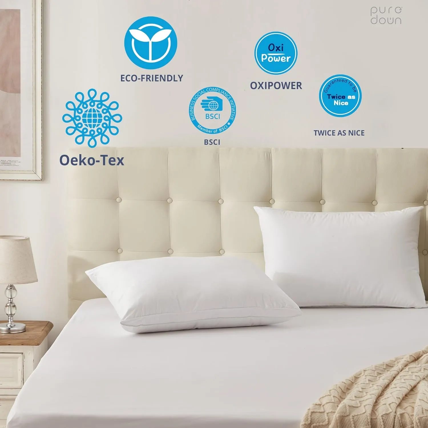 puredown® Goose Feather Down Sleeping Pillow Soft Bed Pillow for Sleeping with 100% Cotton Shell Set of 2 Queen Size