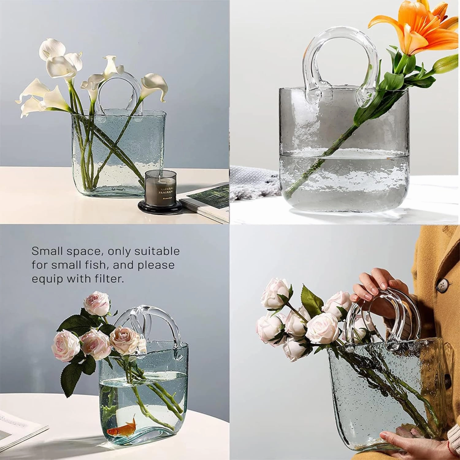 Purse Flower Vase, Flower Vase with Handle Air Bubbles Glass Bag Vase Purse Vase for Flowers, Modern Farmhouse Decor,Style2-Blue