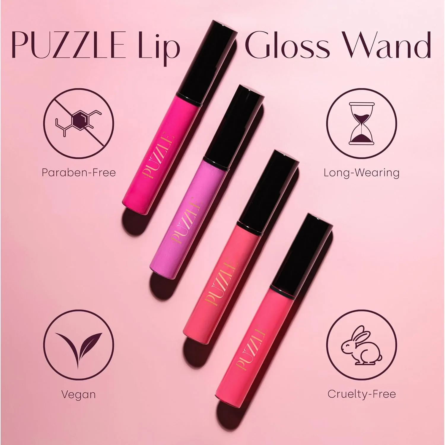 PUZZLE Lip Gloss Wand | Shiny, Shimmery, Non-Sticky, Moisturizing, Long-Lasting, Cruelty-Free, Vegan, Paraben-Free, High Shine Color (Winner | Red Plum)