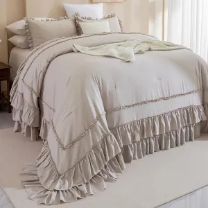 QSH Taupe Oversized King Comforter Set 120x120,Shabby Vintage Chic Ruffled Bedding Comforter Farmhouse French Country Rustic Comforter Microfiber Soft Fluffy Lightweight Bedding 3 PCs