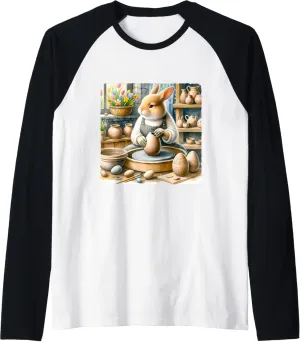 Rabbit Sculpts Easter Orb Pottery. Studio Clay-Stained Craft Raglan Baseball Tee