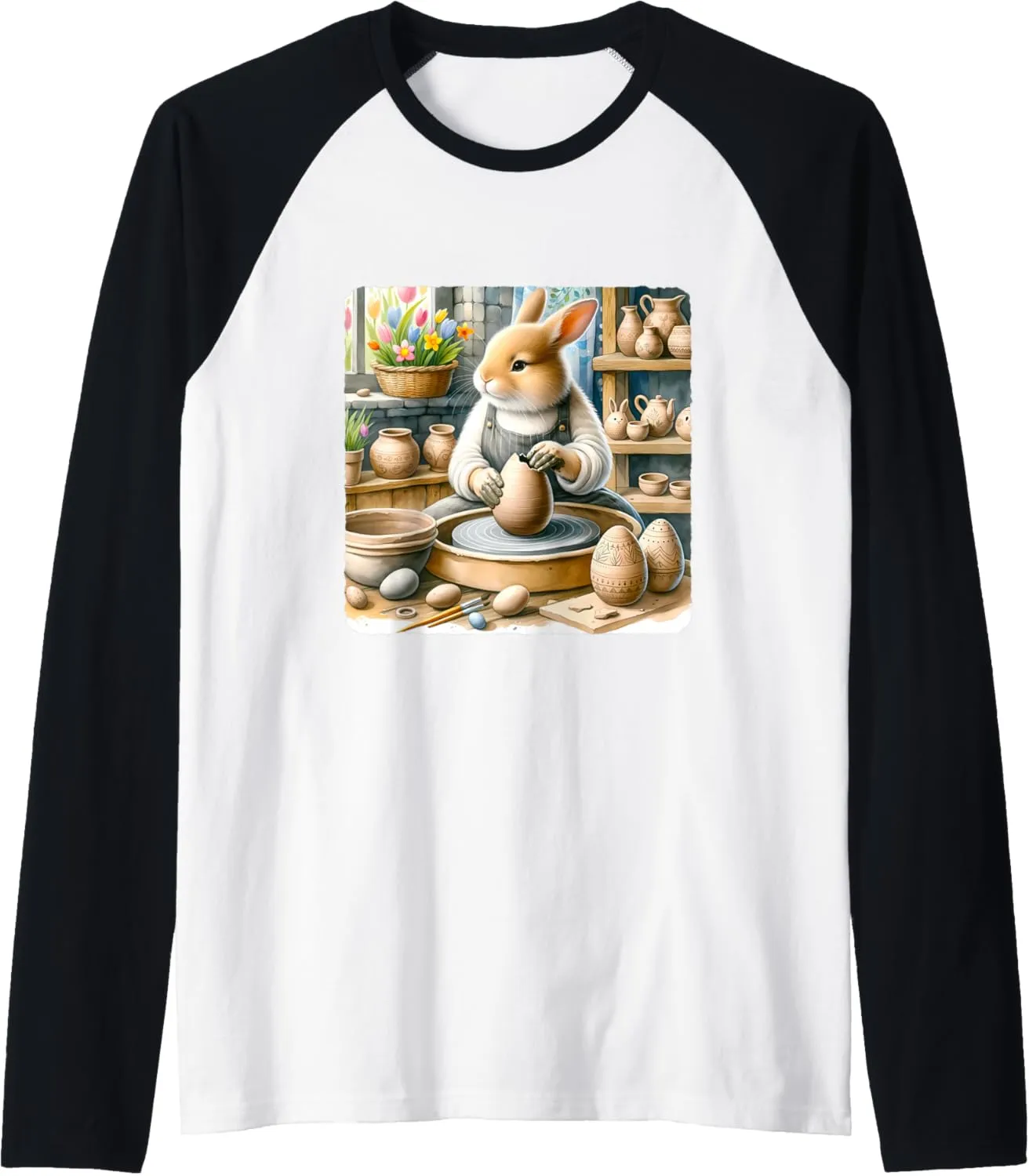 Rabbit Sculpts Easter Orb Pottery. Studio Clay-Stained Craft Raglan Baseball Tee