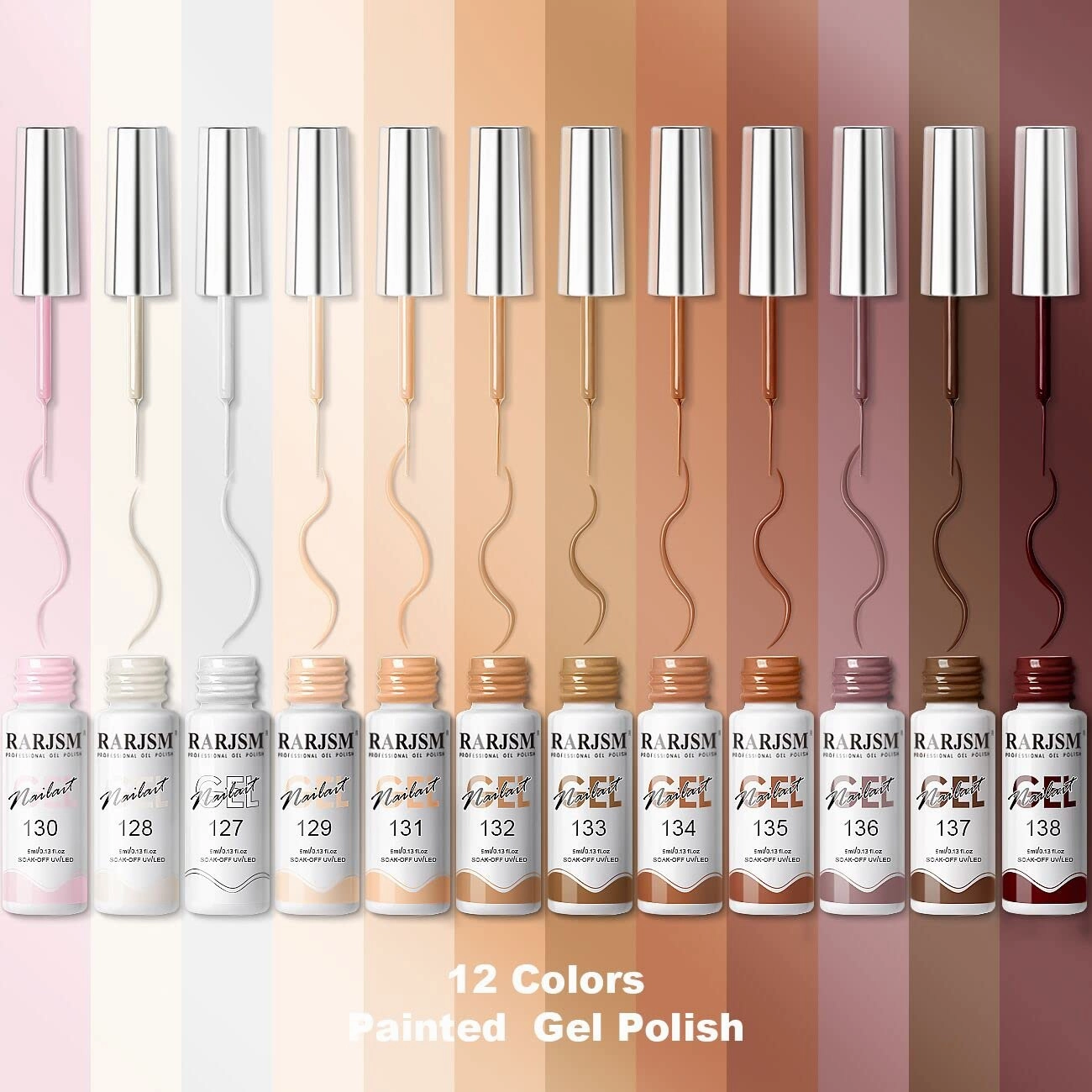 RARJSM Gel Paint for Nail Art Nude Liner Gel Nail Polish Set 12 Colors 5ml Pink Brown Line Art Gel Polish Build in Thin Sharp Brush for Swirl Nails Striping Painting Gelpolish Soak Off Curing Requires