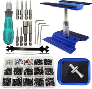 RC Car Repair Work Stand Repair Tool Set 360 Degree Rotation and 523 PCS RC Screws Kit & RC Screwdrivers and Screws Pallet Kit for 1/8 1/10 1/12 1/16 1/18 RC Crawler Car Truck Buggy (Navy Blue)
