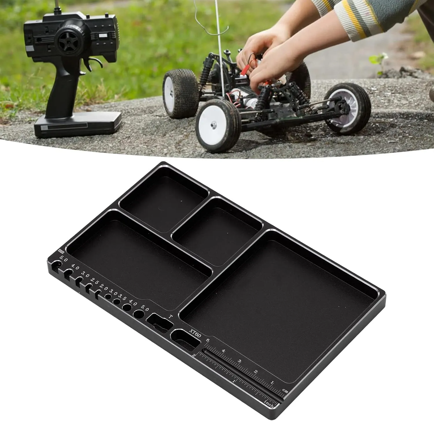 RC Magnetic Tray Aluminium Alloy RC Screw Tray RC Repair Tool with Pad Widely Used for RC Airplane Car (Black)