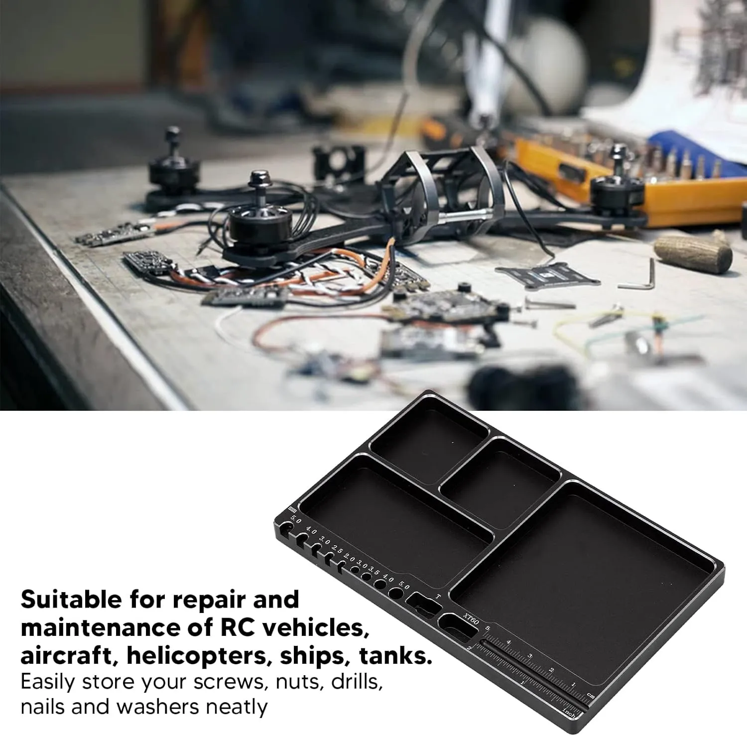 RC Magnetic Tray Aluminium Alloy RC Screw Tray RC Repair Tool with Pad Widely Used for RC Airplane Car (Black)