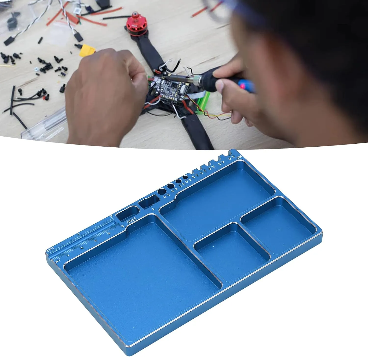 RC Magnetic Tray Aluminium Alloy RC Screw Tray RC Repair Tool with Pad Widely Used for RC Airplane Car (Blue)
