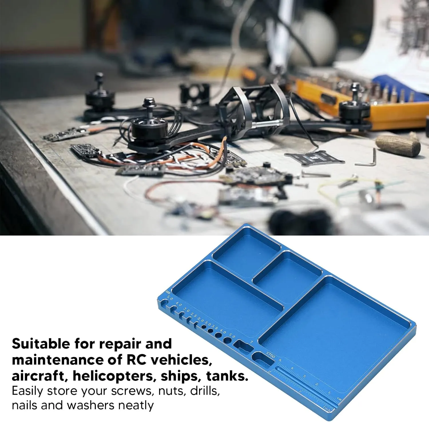 RC Magnetic Tray Aluminium Alloy RC Screw Tray RC Repair Tool with Pad Widely Used for RC Airplane Car (Blue)